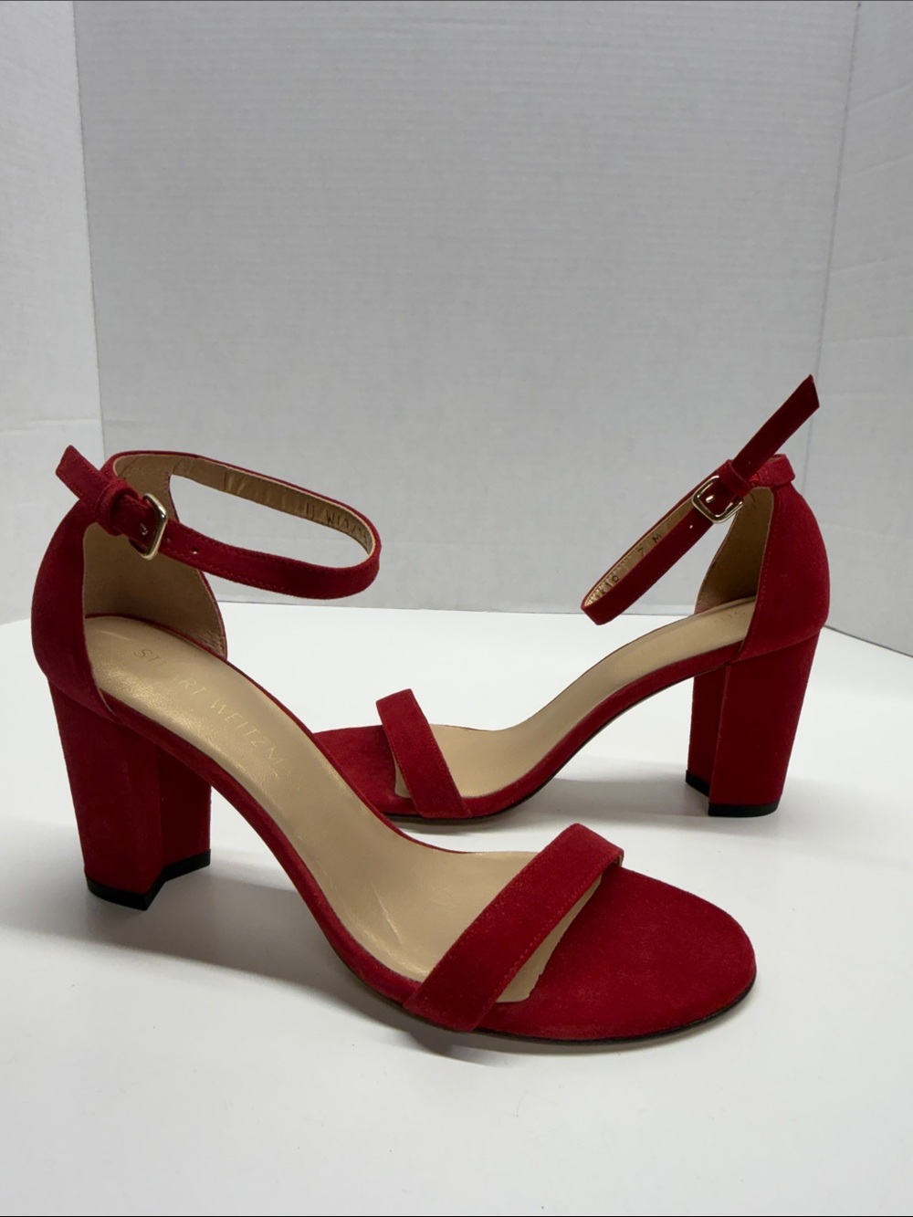 Stuart Weitzman Nearly Nude Suede Open Toe Sandals High Heels Shoes Red Size 7